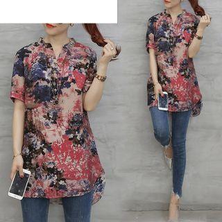 Short-sleeve Floral Print Henley Blouse