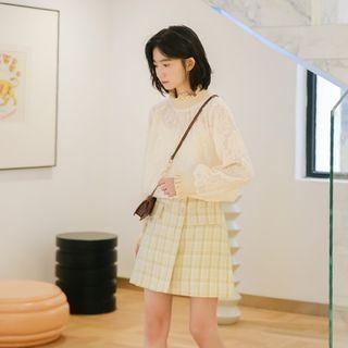 Set: Lace Blouse + Plaid Mini A-line Skirt