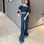 Short-sleeve Off-shoulder Denim Top / Loose-fit Jeans