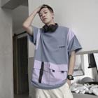 Elbow-sleeve Color Block Chinese Character Cargo T-shirt