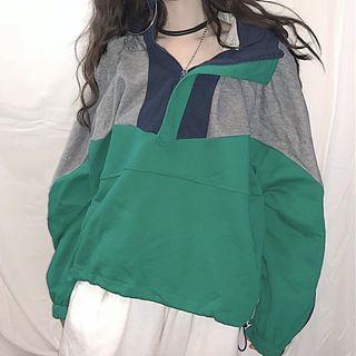 Color Block Zip Collar Pullover As Shown In Figure - One Size
