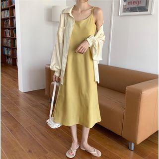 Plain Long-sleeve Shirt / Spaghetti-strap Dress