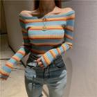 Long-sleeve Off-shoulder Striped Knit Top Rainbow - One Size