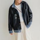 Mock Two-piece Denim Paneled Buttoned Faux Leather Jacket