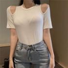 Plain Cold-shoulder Short-sleeve T-shirt White - One Size