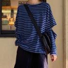 Striped Cut-out Long-sleeve T-shirt Stripess - Blue - One Size