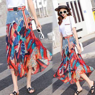 Denim Panel Patterned Midi Chiffon Skirt