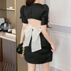 Short-sleeve Open-back Ribbon Mini Sheath Dress