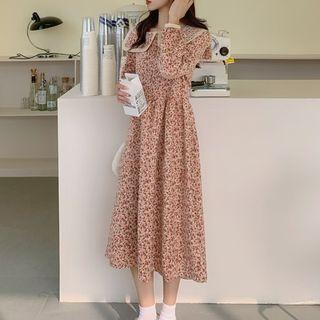 Long-sleeve Collared Floral Print Midi A-line Dress