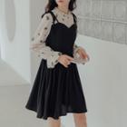 Mock Two-piece Long-sleeve Floral Print Panel A-line Dress