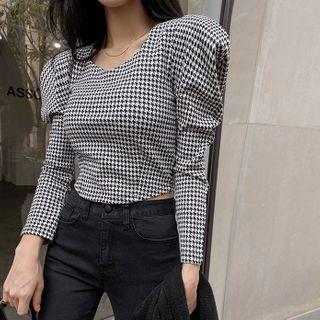 Puff-shoulder Houndstooth Crop Top
