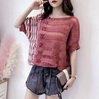 Sequined Open Knit Elbow Sleeve Top