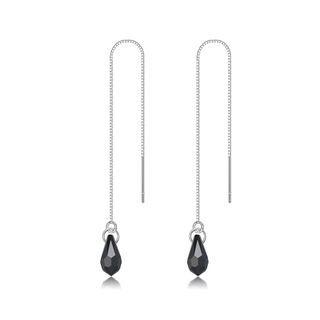 925 Sterling Silver Simple Water Drop Shape Black Austrian Element Crystal Tassel Earrings Silver - One Size
