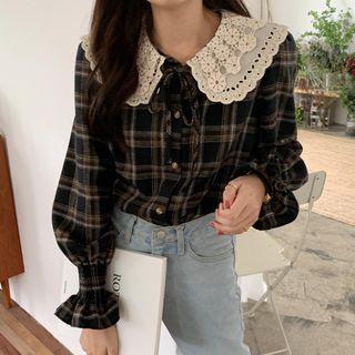 Lace Collar Plaid Blouse Plaid - Black - One Size