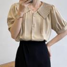 Elbow-sleeve Collared Pintuck Button-up Blouse
