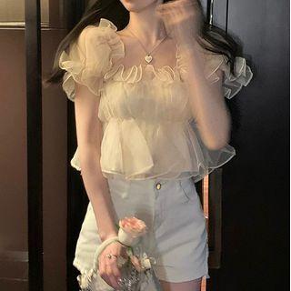 Ruffle Trim Mesh Cropped Blouse Almond - One Size