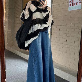 Striped Distressed Pointelle Knit Top / Midi A-line Denim Skirt