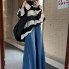 Striped Distressed Pointelle Knit Top / Midi A-line Denim Skirt