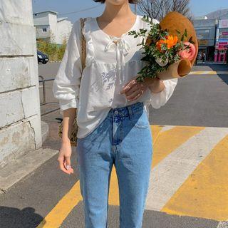 Tie-neck Frill-trim Textured Blouse
