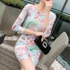 3/4-sleeve Printed Mini Sheath Dress