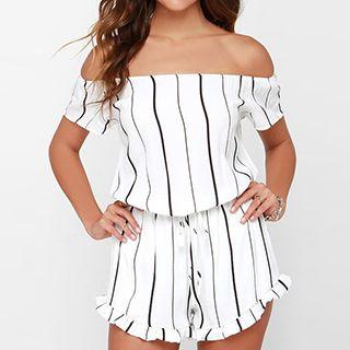 Short-sleeve Off Shoulder Striped Playsuit