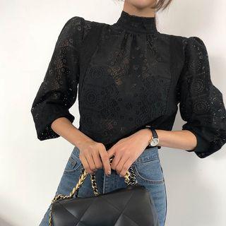 Mockneck Punched Lace Blouse