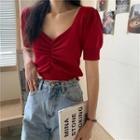 Short-sleeve Shirred Cropped Knit Top Red - One Size