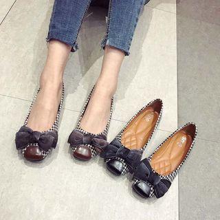 Bow Plaid Square-toe Flats