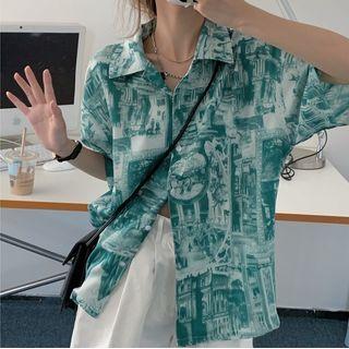 Short Sleeve Retro Jacquard Shirt Green - One Size