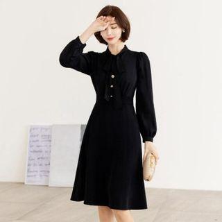 Tie-neck Button-trim Flared Dress