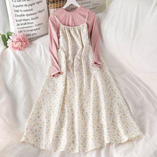 Plain Knit Top / Floral Print Overall Dress