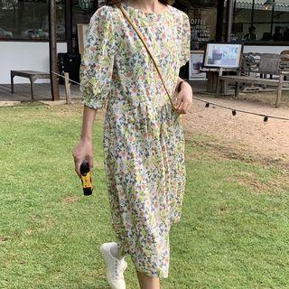 Floral Print Puff-sleeve A-line Midi Dress / Spaghetti-strap Dress