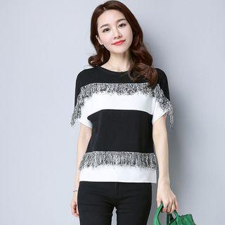 Fringed Color Block Short-sleeve Knit Top