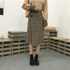 Gingham Flap Woolen Midi Skirt