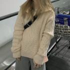 Long-sleeve Zip-up Turtleneck Cable Thick Knit Loose Fit Top As Shown In Figure - One Size