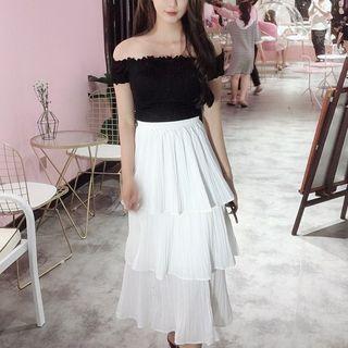 Set: Off-shoulder Short-sleeve Top + High Waist Midi Tiered Skirt