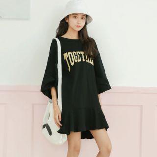 Elbow-sleeve Lettering Knit Dress