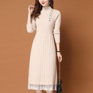 Mock-neck Lace Panel Knit Midi A-line Dress