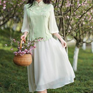 Traditional Chinese 3/4-sleeve Floral Top / Skirt / Set