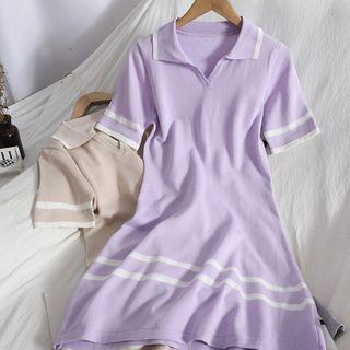 Short-sleeve Open-collar Knit Midi A-line Dress