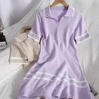 Short-sleeve Open-collar Knit Midi A-line Dress