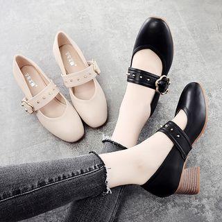 Studded Strap Round Toe Block Heel Pumps