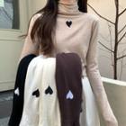 High-neck Heart Embroidered Long-sleeve Knit Top