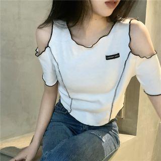 Short-sleeve Cold-shoulder Contrast Trim T-shirt