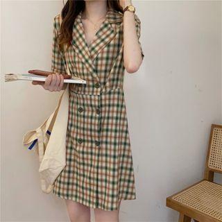Short-sleeve Double Breasted Plaid Dress Green & Brown - One Size