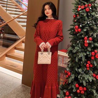 Plain Knit Dress Red - F