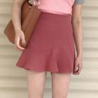 Set: Contrast Trim Short Sleeve T-shirt + Plain Ruffle Hem Mini Skirt