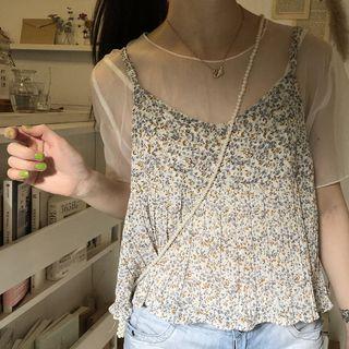 Set: Chiffon Short-sleeve Top + Floral Top As Shown In Figure - One Size