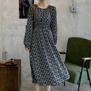 Smocked Waist Round Neck Floral Midi Dress