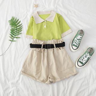 Short-sleeve Panel Top + Frilled High-waist Shorts